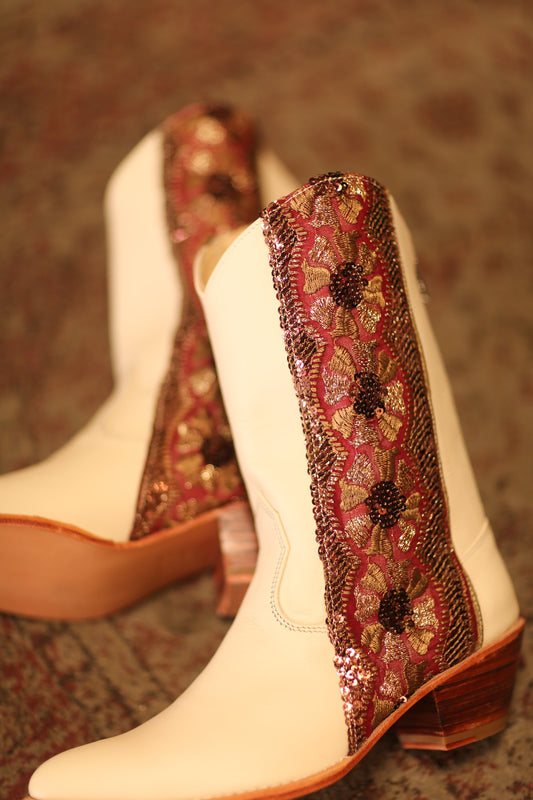 LEATHER BORDER TRIM WESTERN BOOTS LIZOU