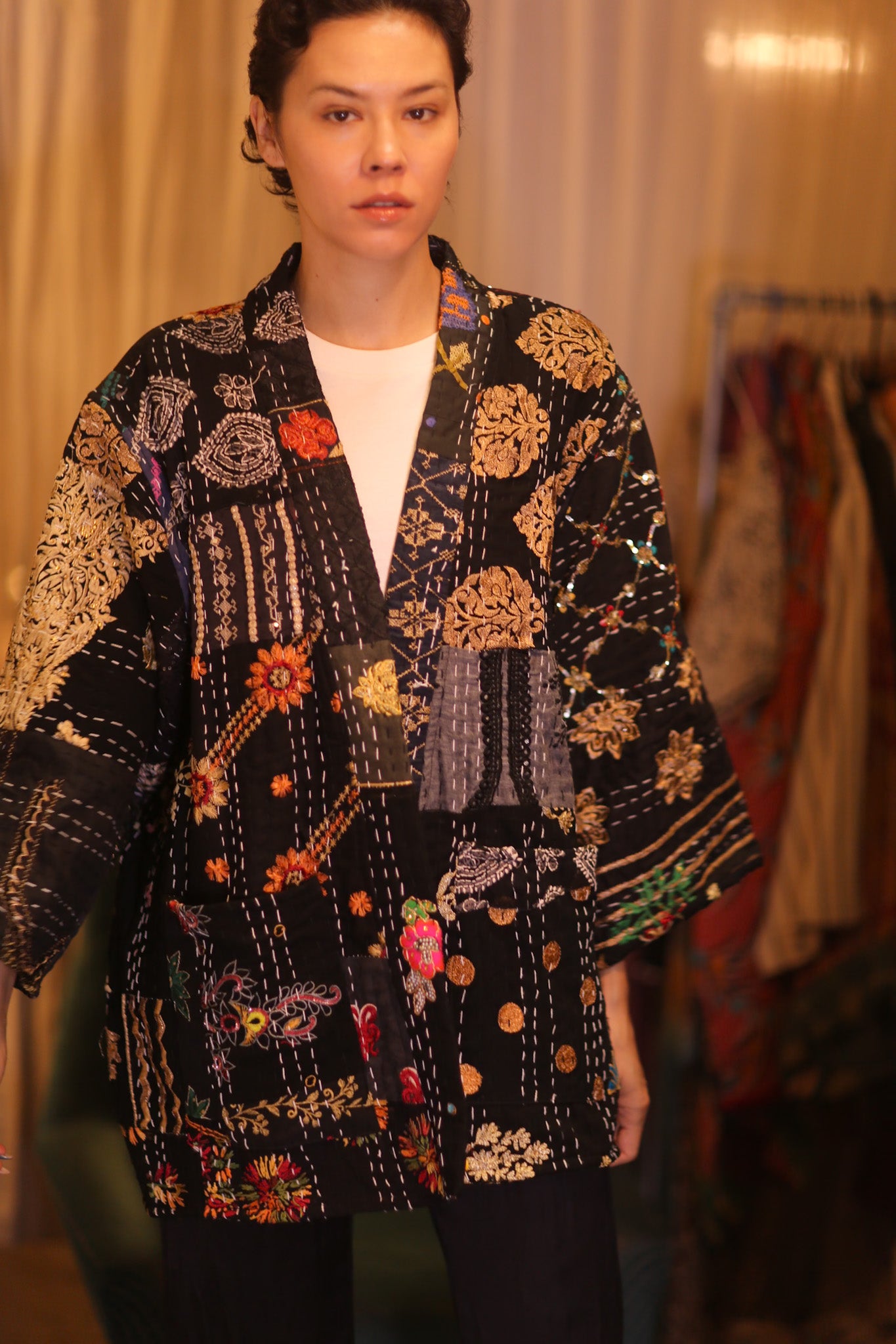 PATCHWORK PATTERN SILK SHORT KIMONO SQUI
