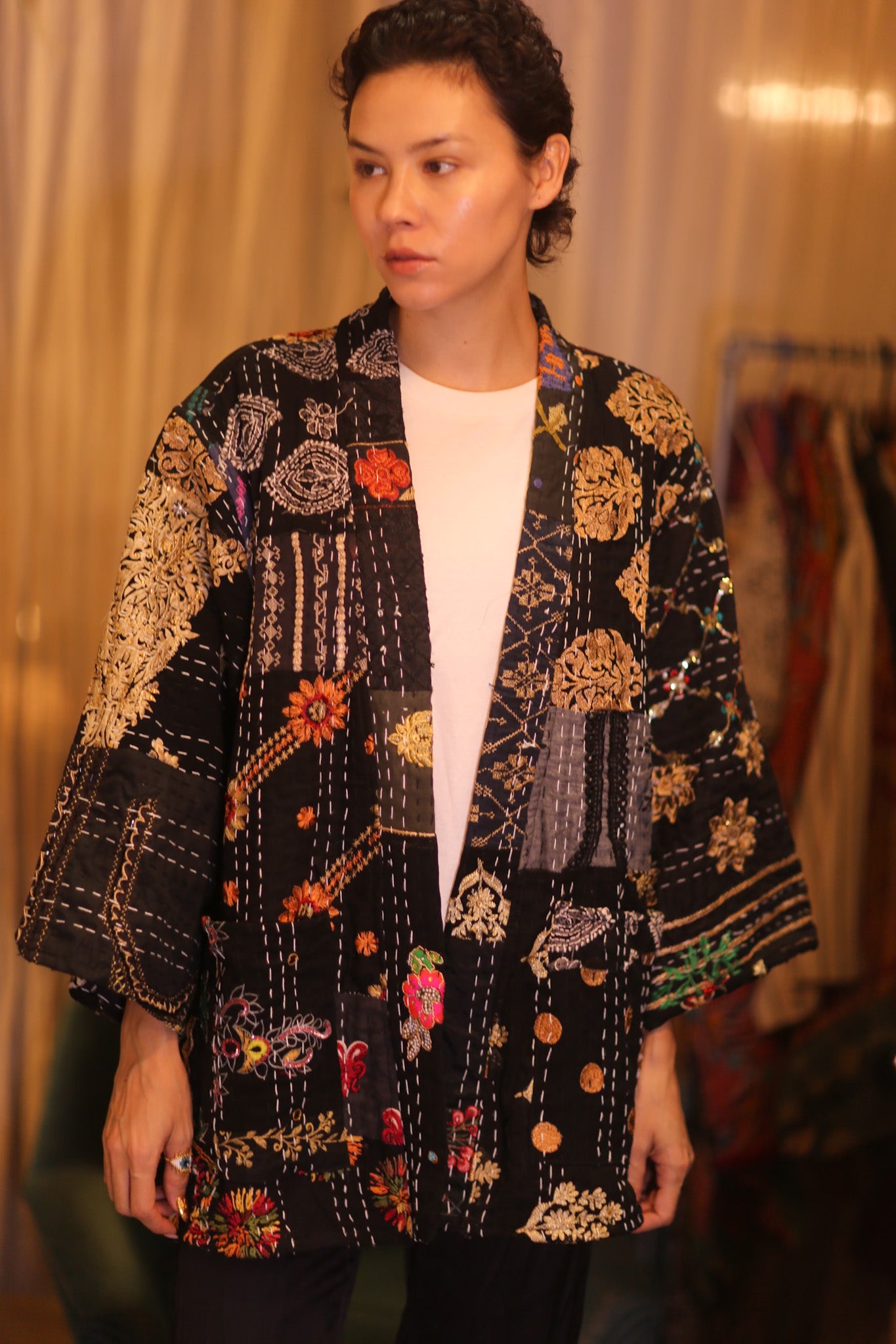 PATCHWORK PATTERN SILK SHORT KIMONO SQUI