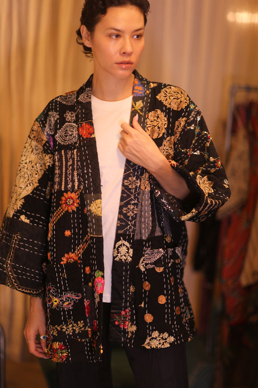 PATCHWORK PATTERN SILK SHORT KIMONO SQUI