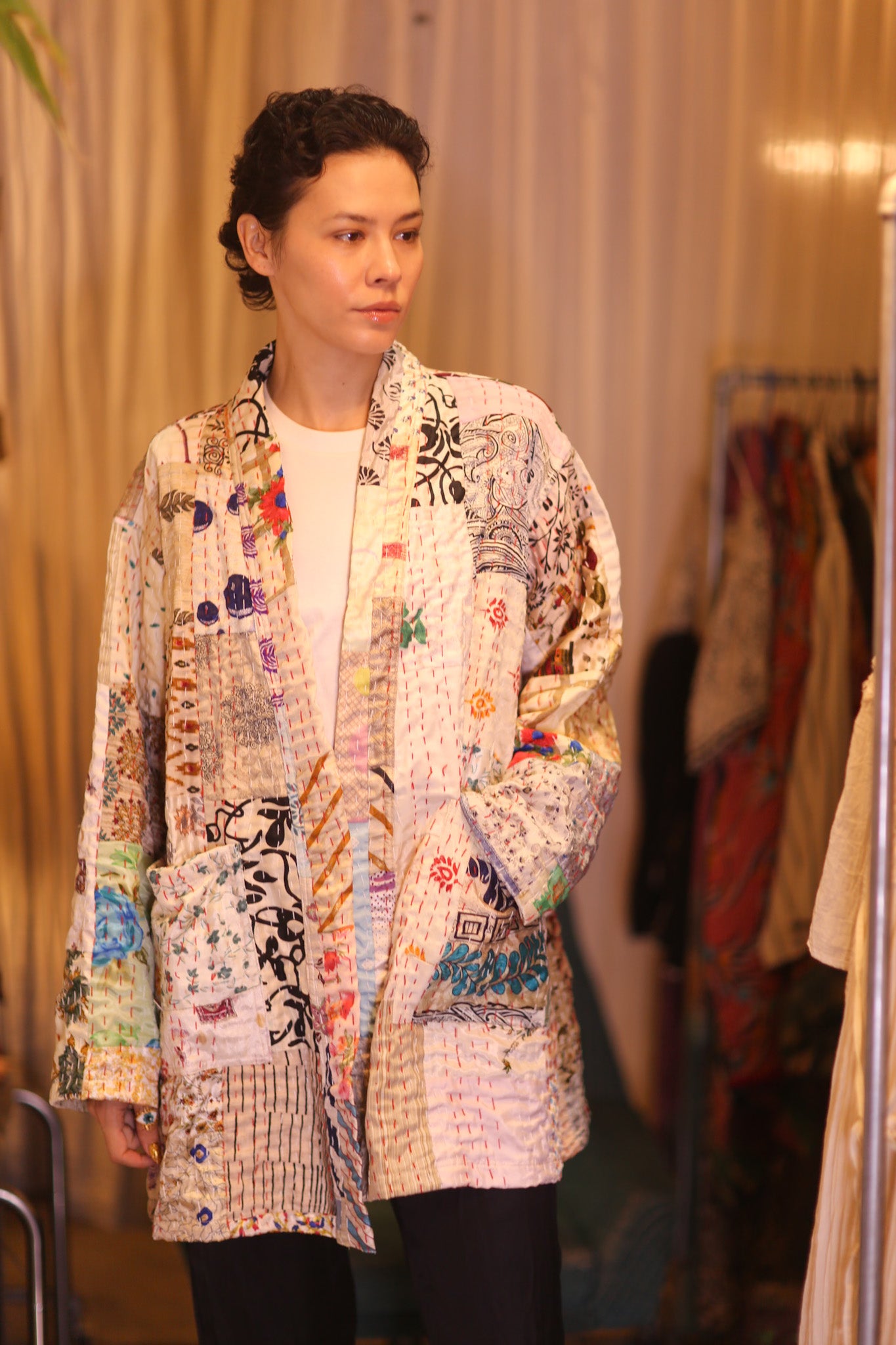 PATCHWORK PATTERN SILK SHORT KIMONO DANAN