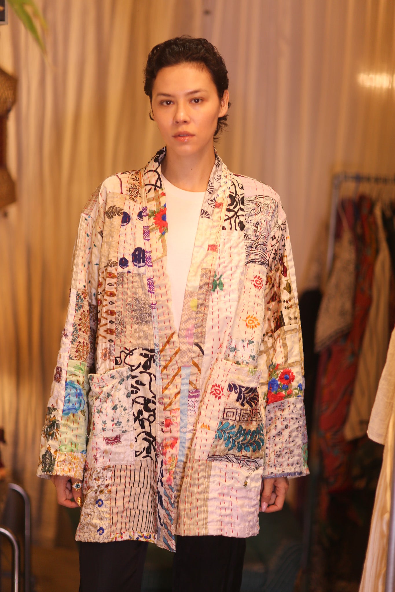 PATCHWORK PATTERN SILK SHORT KIMONO DANAN