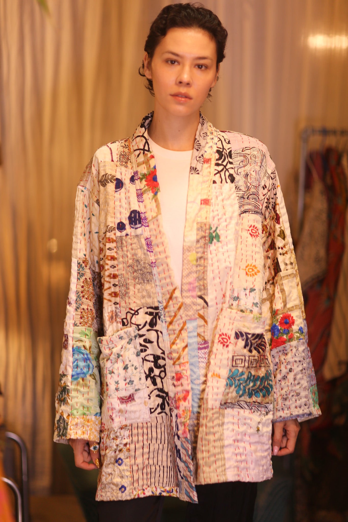 PATCHWORK PATTERN SILK SHORT KIMONO DANAN