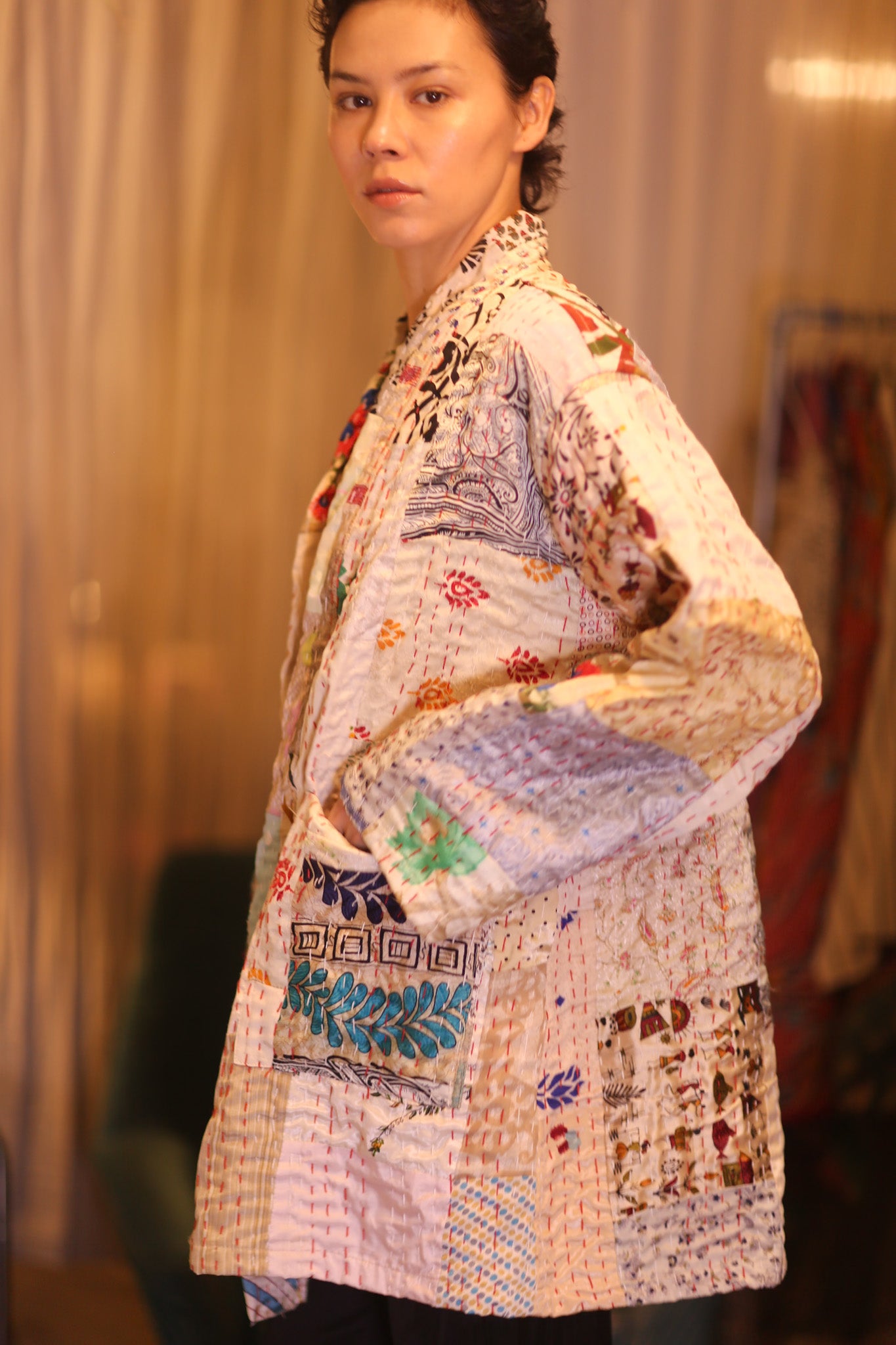 PATCHWORK PATTERN SILK SHORT KIMONO DANAN