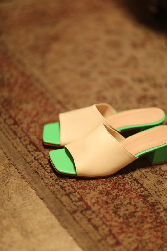 HEELED MULES LORIN CREAM LIME GREEN