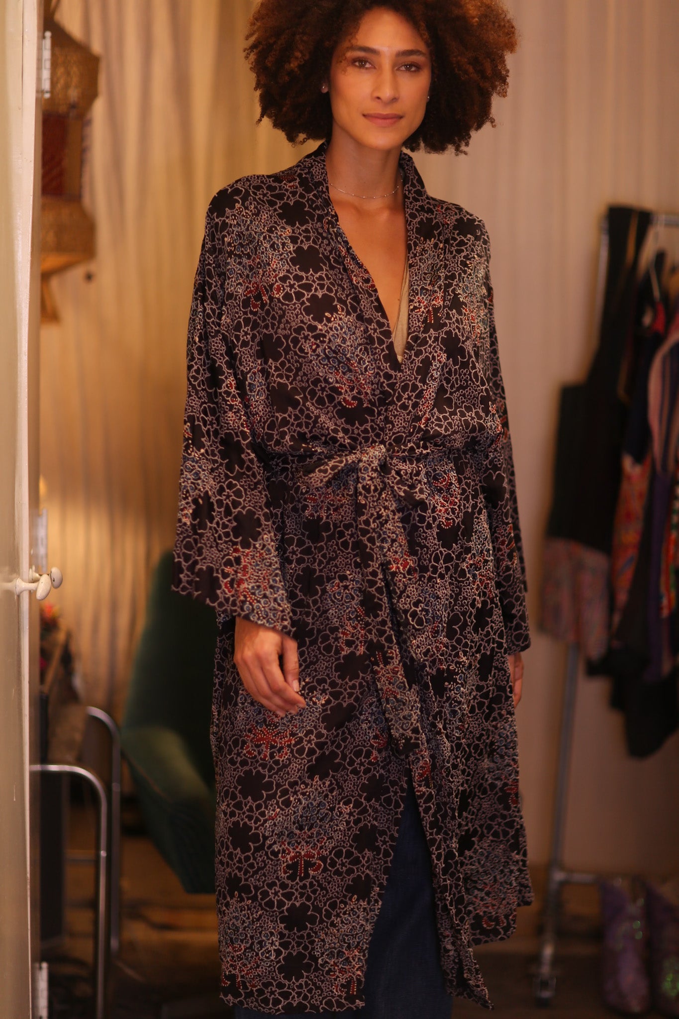 COTTON LACE LONG KIMONO WITH BELT AMAY