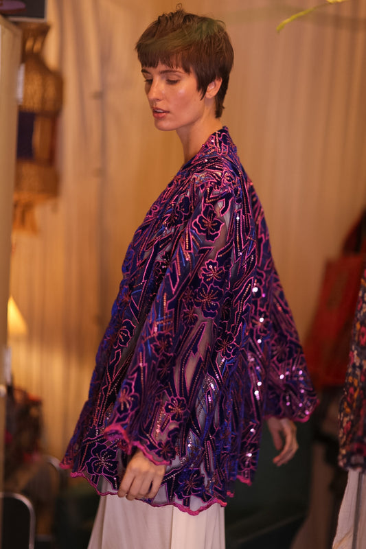 EMBROIDERED SILK SHORT KIMONO ANGEL