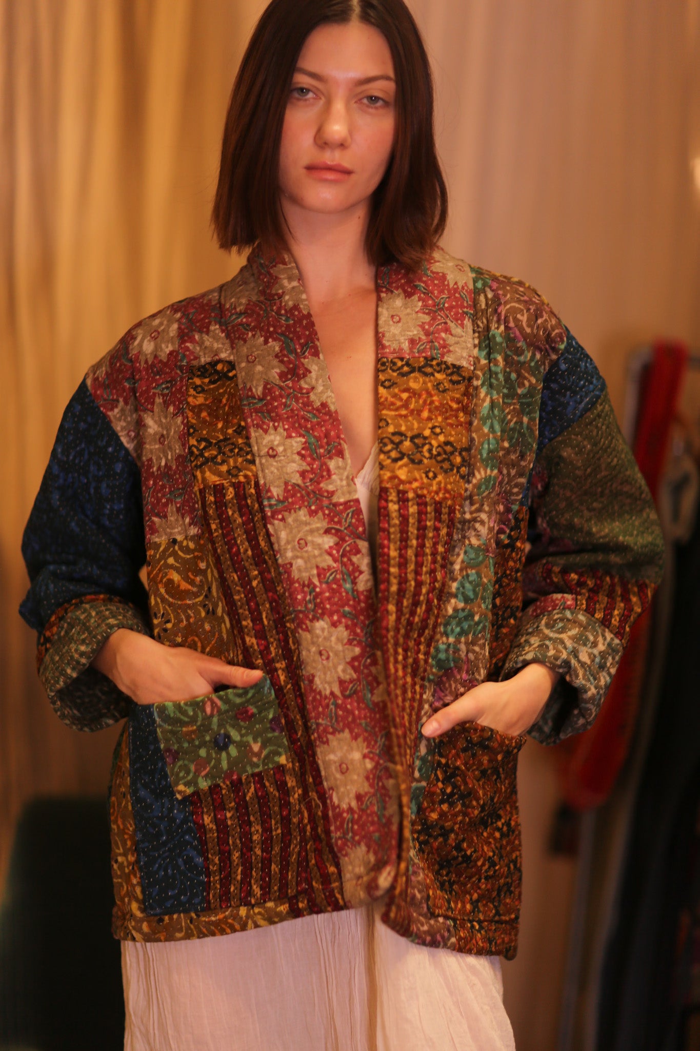 PATCHWORK PATTERN KANTHA SHORT KIMONO SAUNGOU