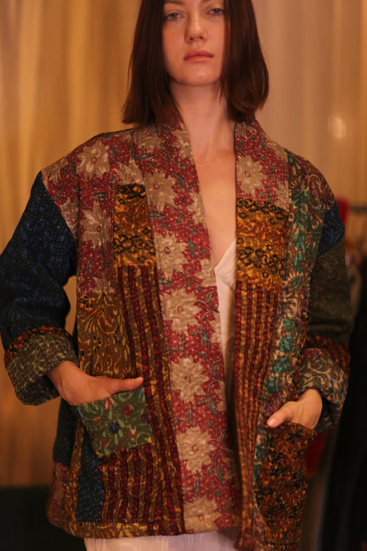 PATCHWORK PATTERN KANTHA SHORT KIMONO SAUNGOU