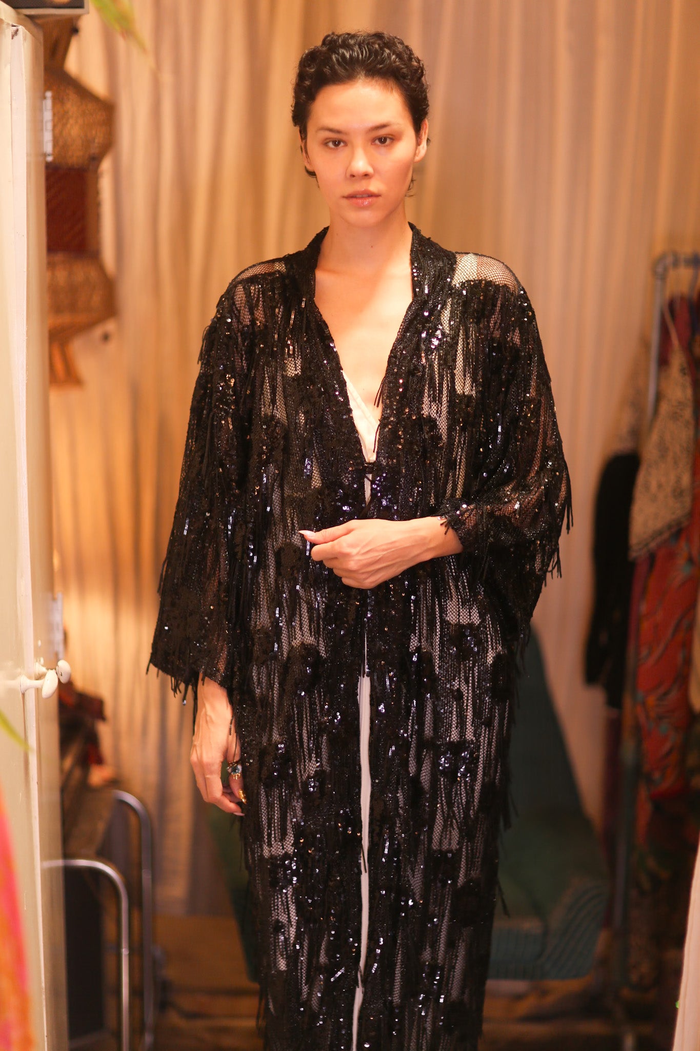 EMBROIDERED LONG FRINGE KIMONO MAHYUYA