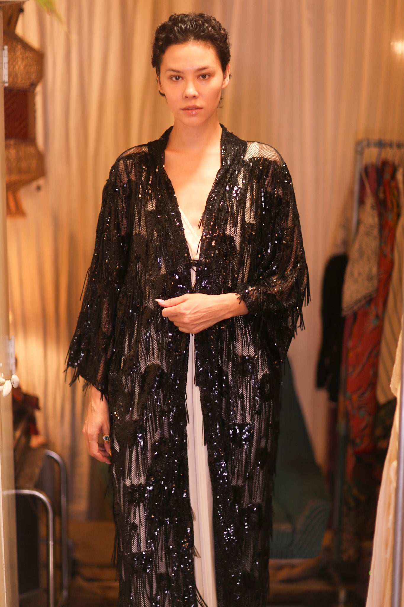 EMBROIDERED LONG FRINGE KIMONO MAHYUYA