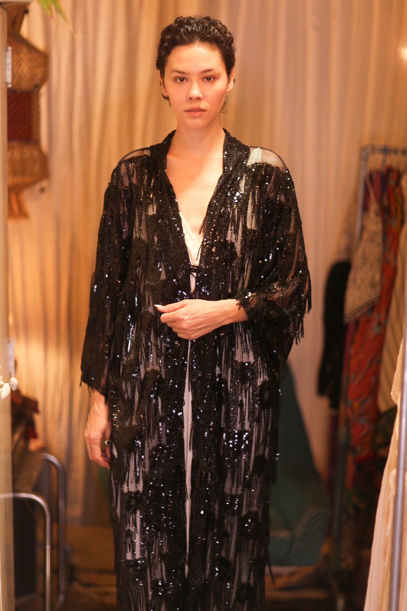 EMBROIDERED LONG FRINGE KIMONO MAHYUYA