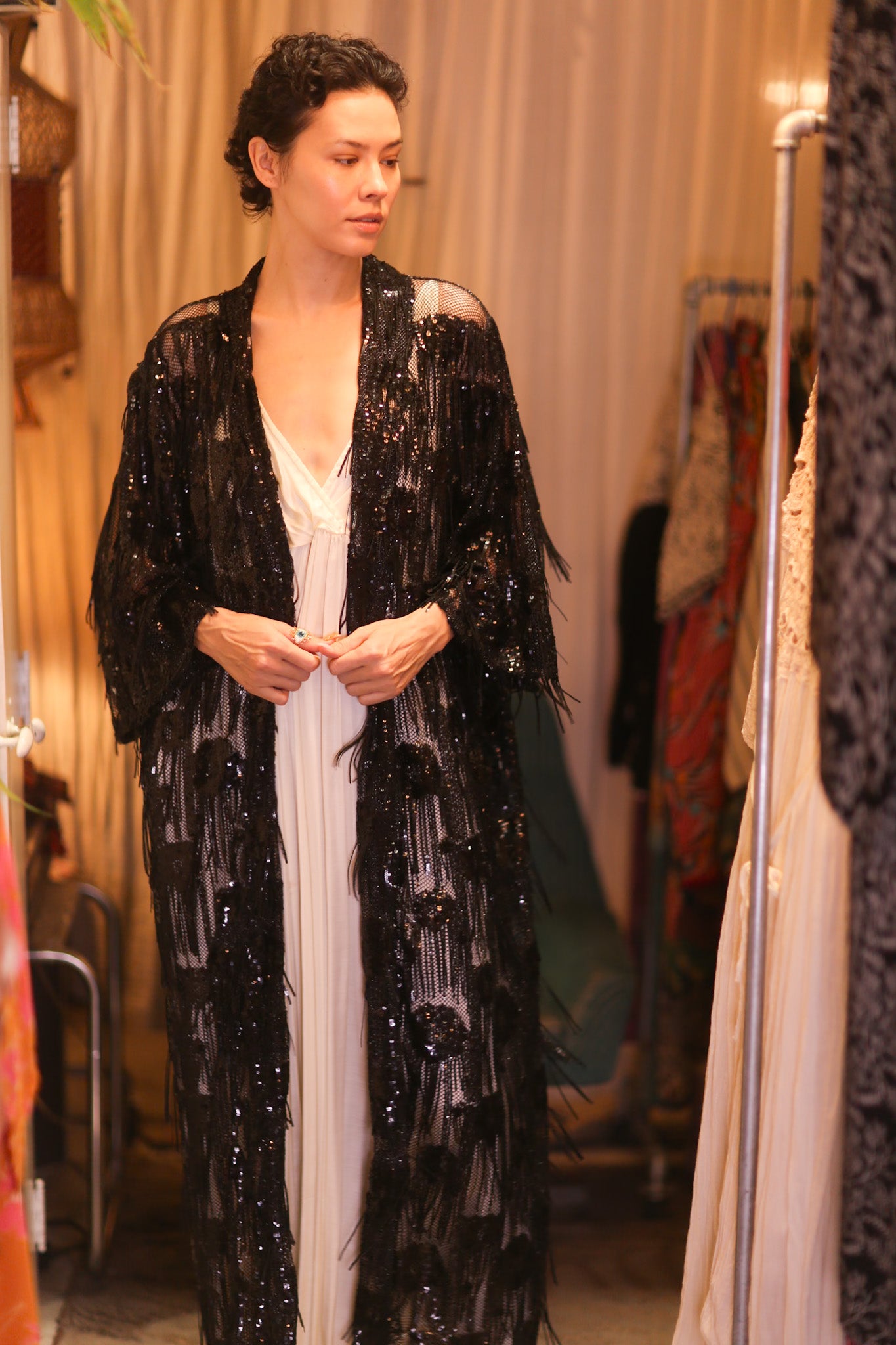 EMBROIDERED LONG FRINGE KIMONO MAHYUYA