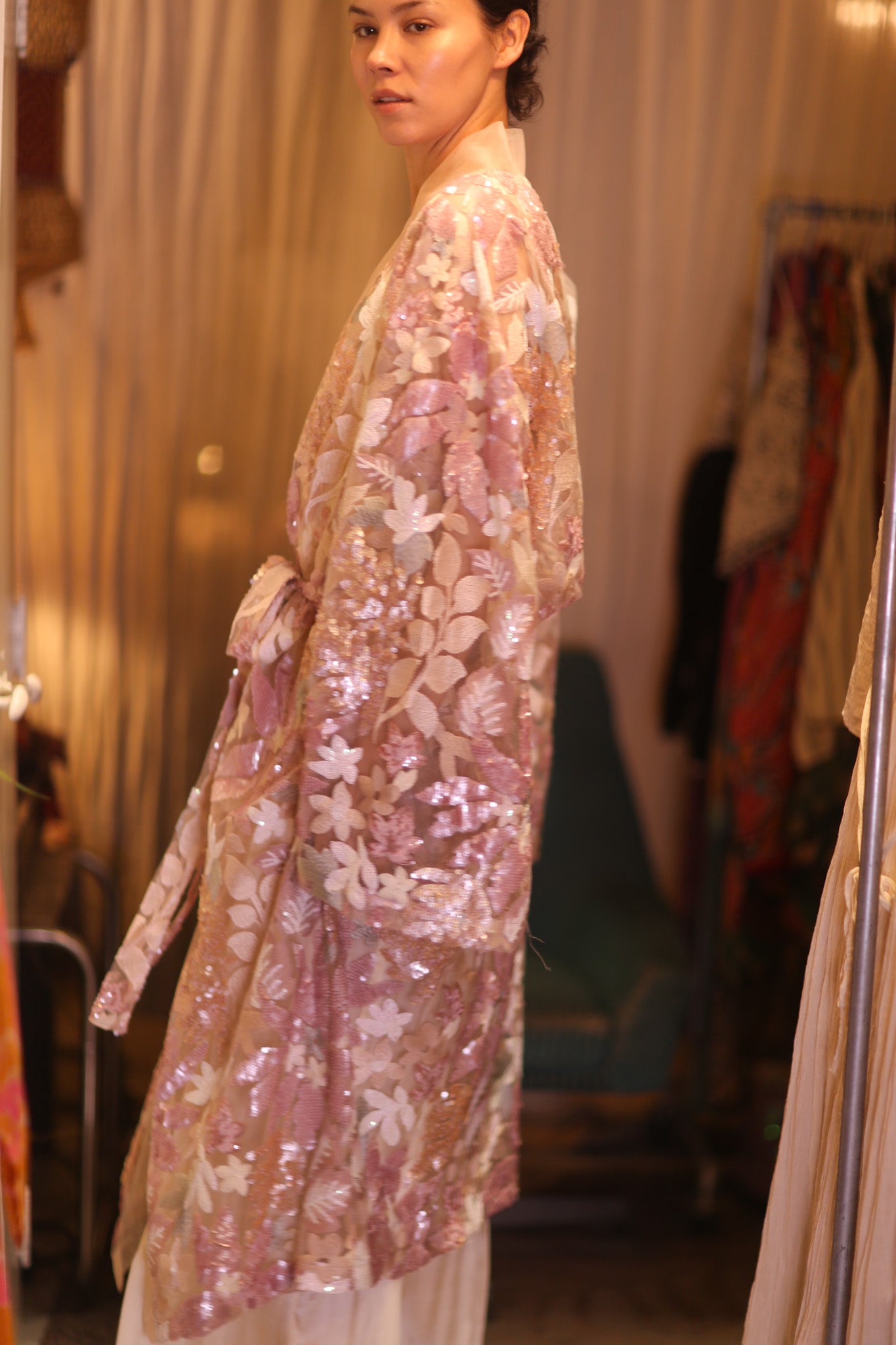 EMBROIDERED SILK LONG KIMONO ATOM