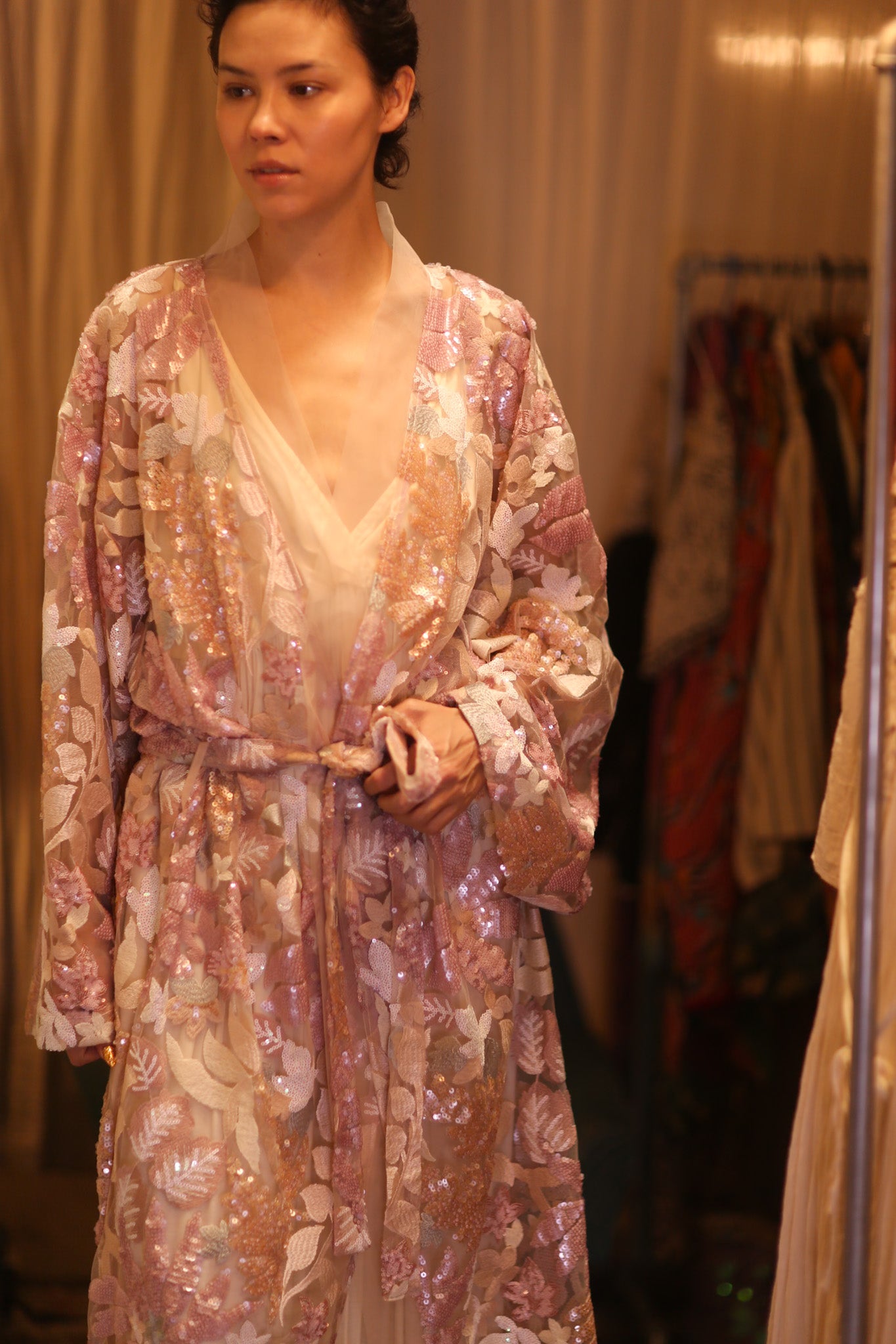 EMBROIDERED SILK LONG KIMONO ATOM