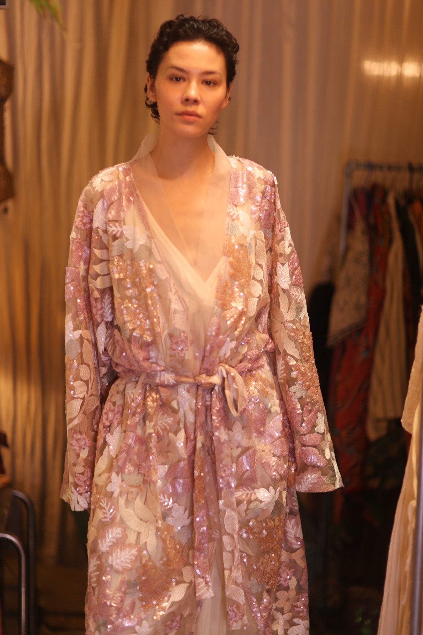 EMBROIDERED SILK LONG KIMONO ATOM