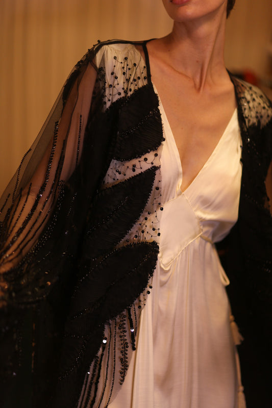 BLACK SEQUINS SHORT KIMONO LEAVES