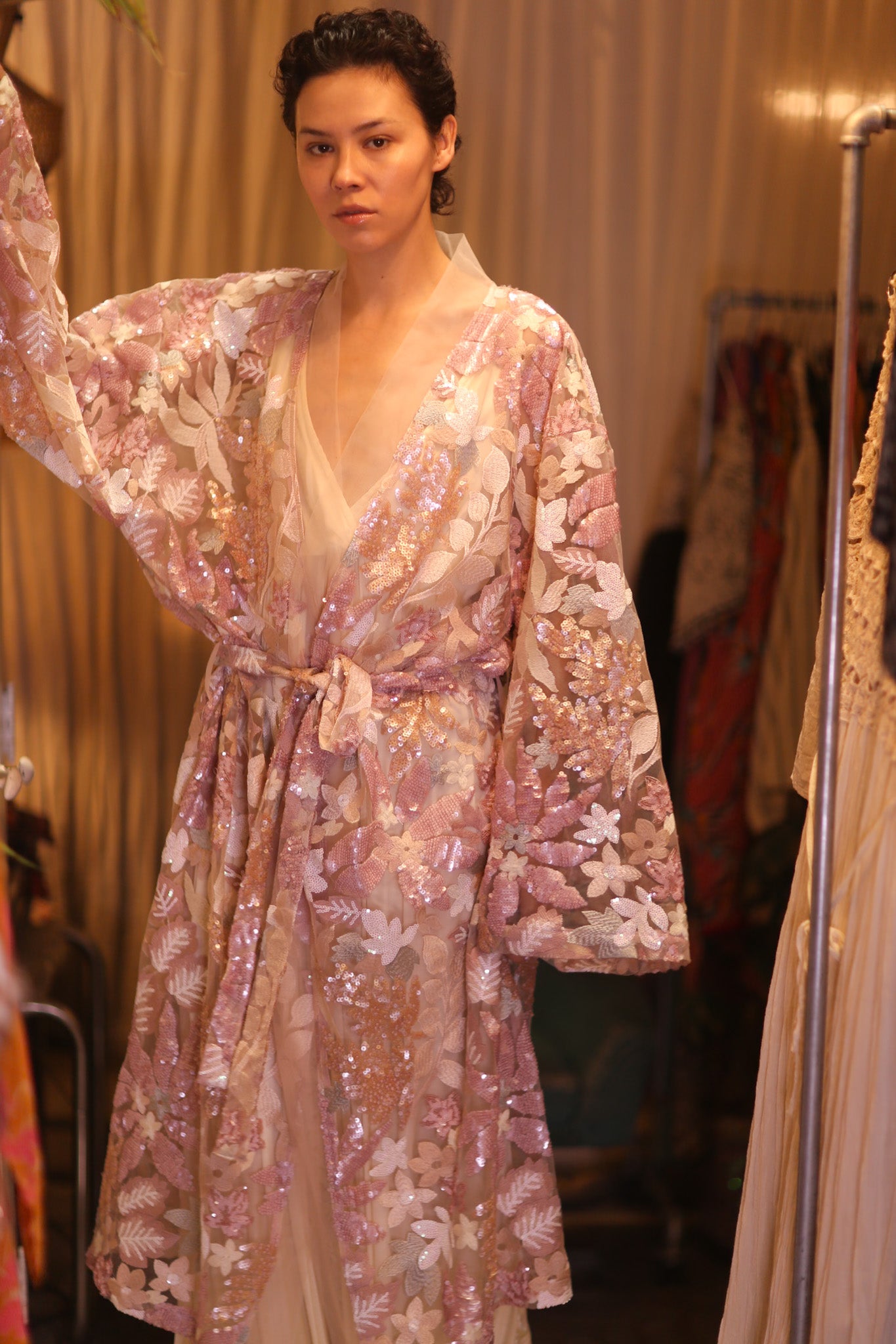 EMBROIDERED SILK LONG KIMONO ATOM