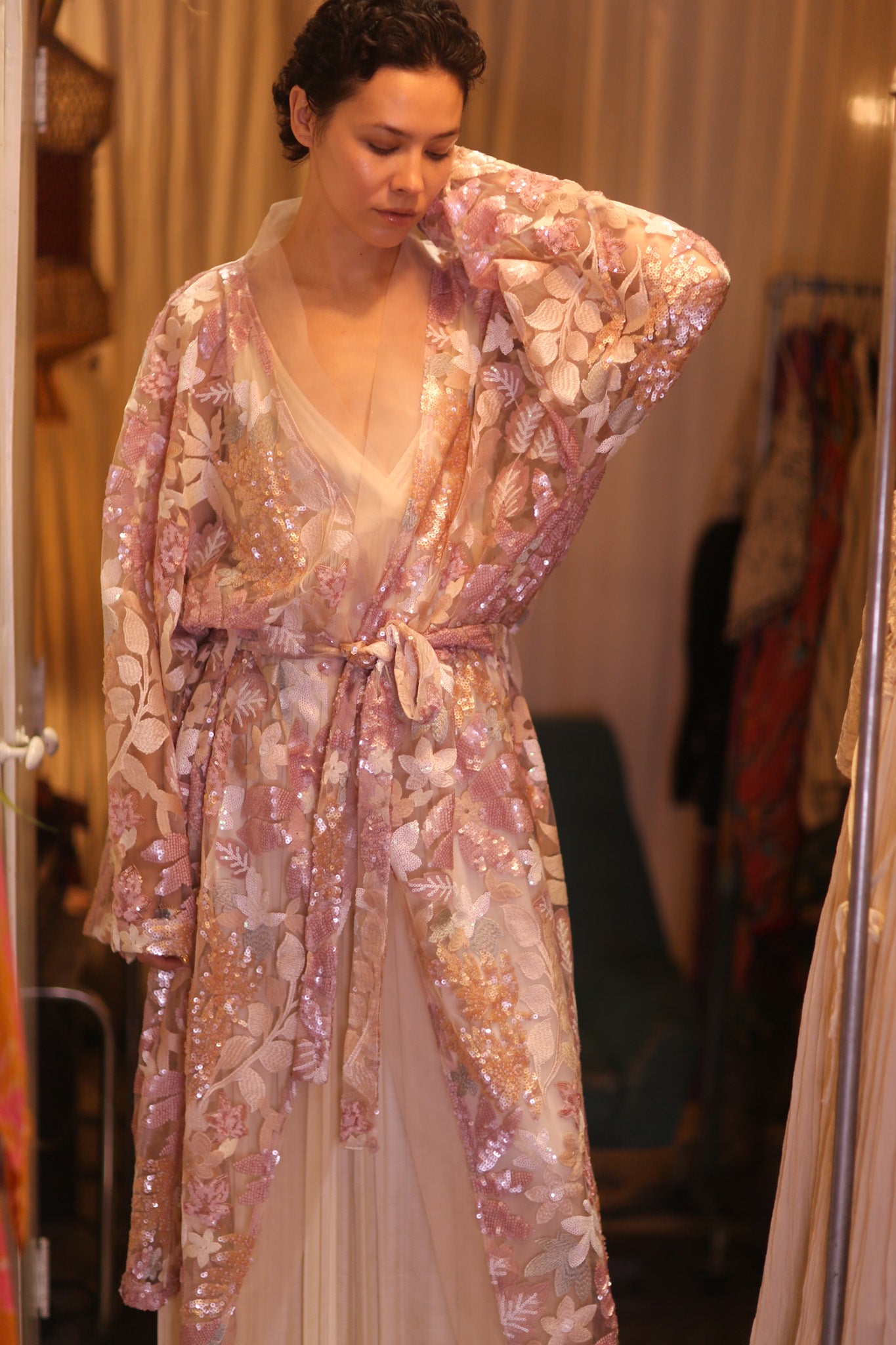 EMBROIDERED SILK LONG KIMONO ATOM