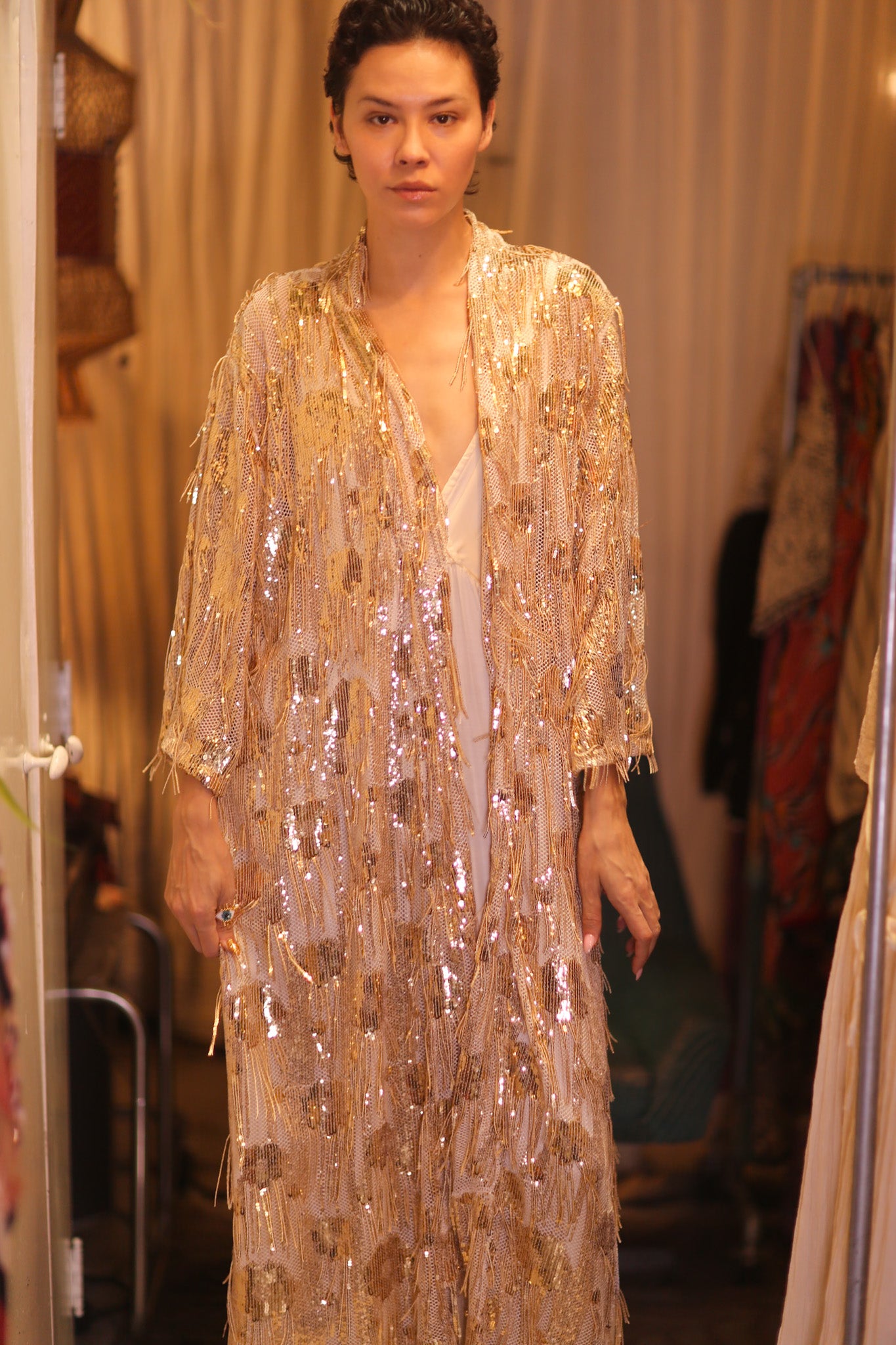 EMBROIDERED LONG FRINGE KIMONO GOLDEN