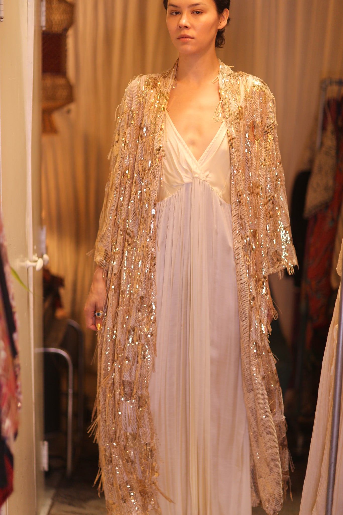 EMBROIDERED LONG FRINGE KIMONO GOLDEN