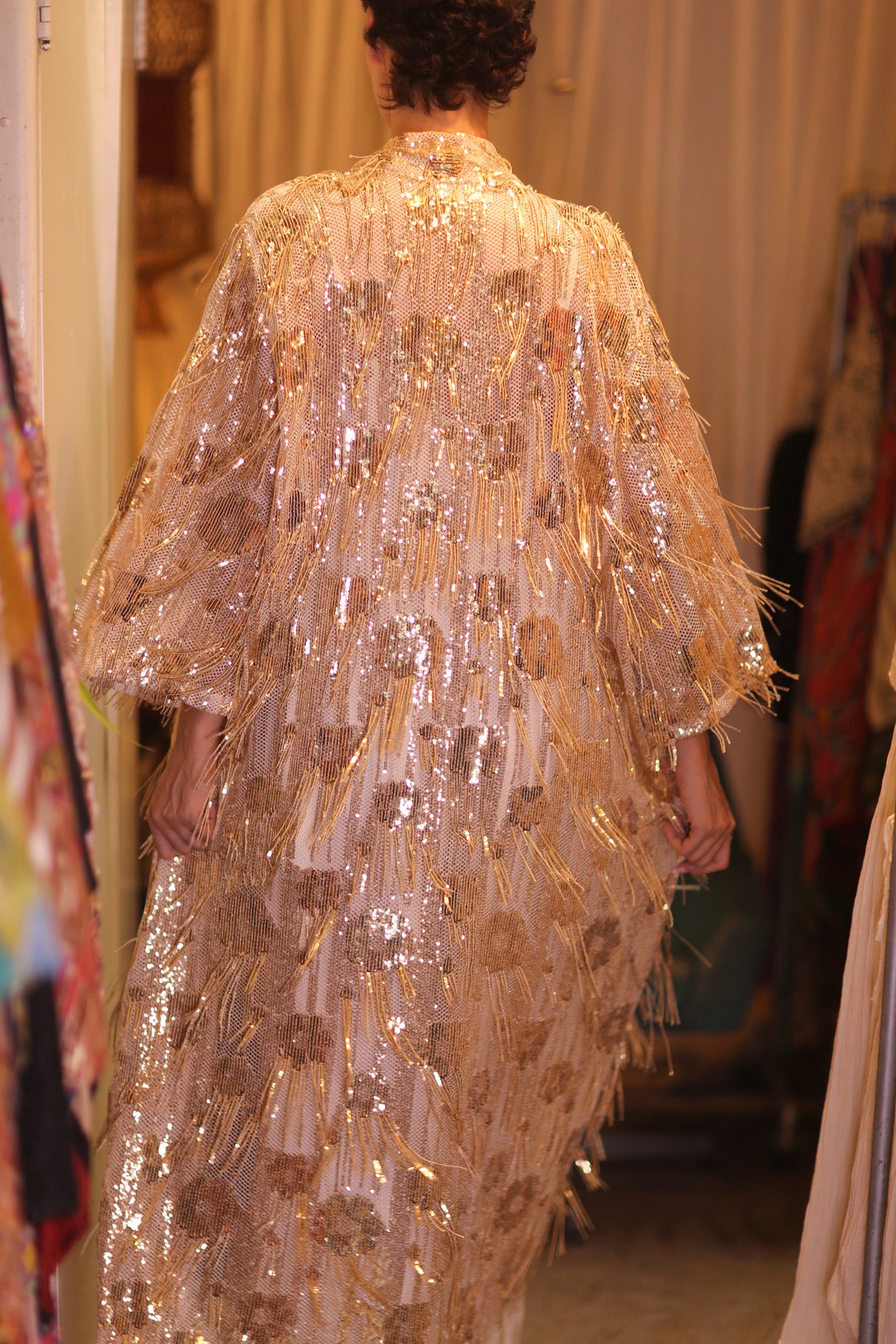 EMBROIDERED LONG FRINGE KIMONO GOLDEN