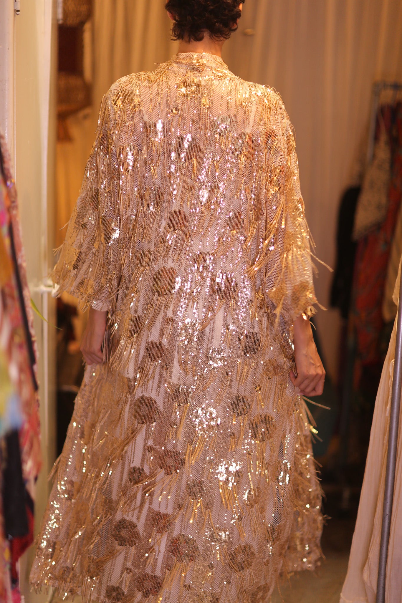 EMBROIDERED LONG FRINGE KIMONO GOLDEN