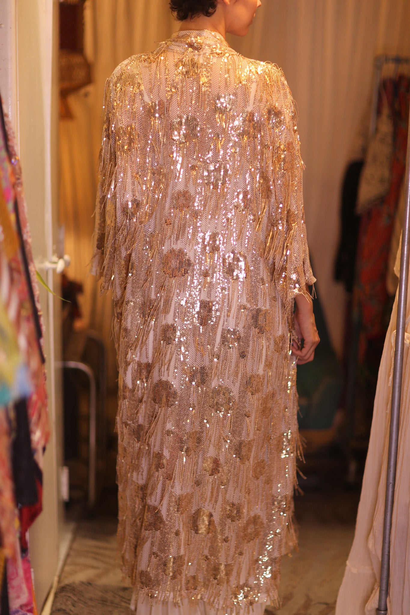 EMBROIDERED LONG FRINGE KIMONO GOLDEN