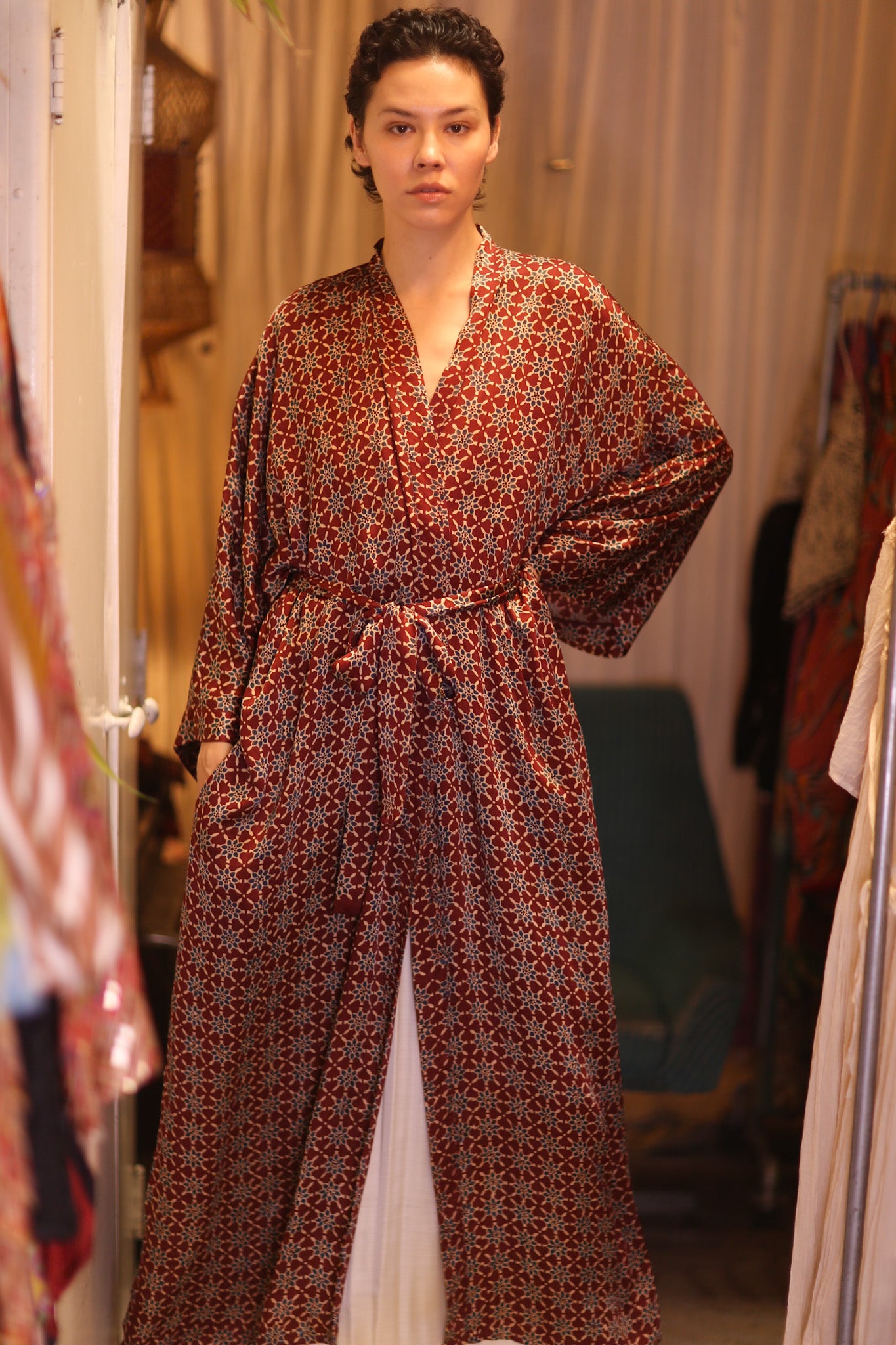 SILK LONG KIMONO WITH BELT UNI