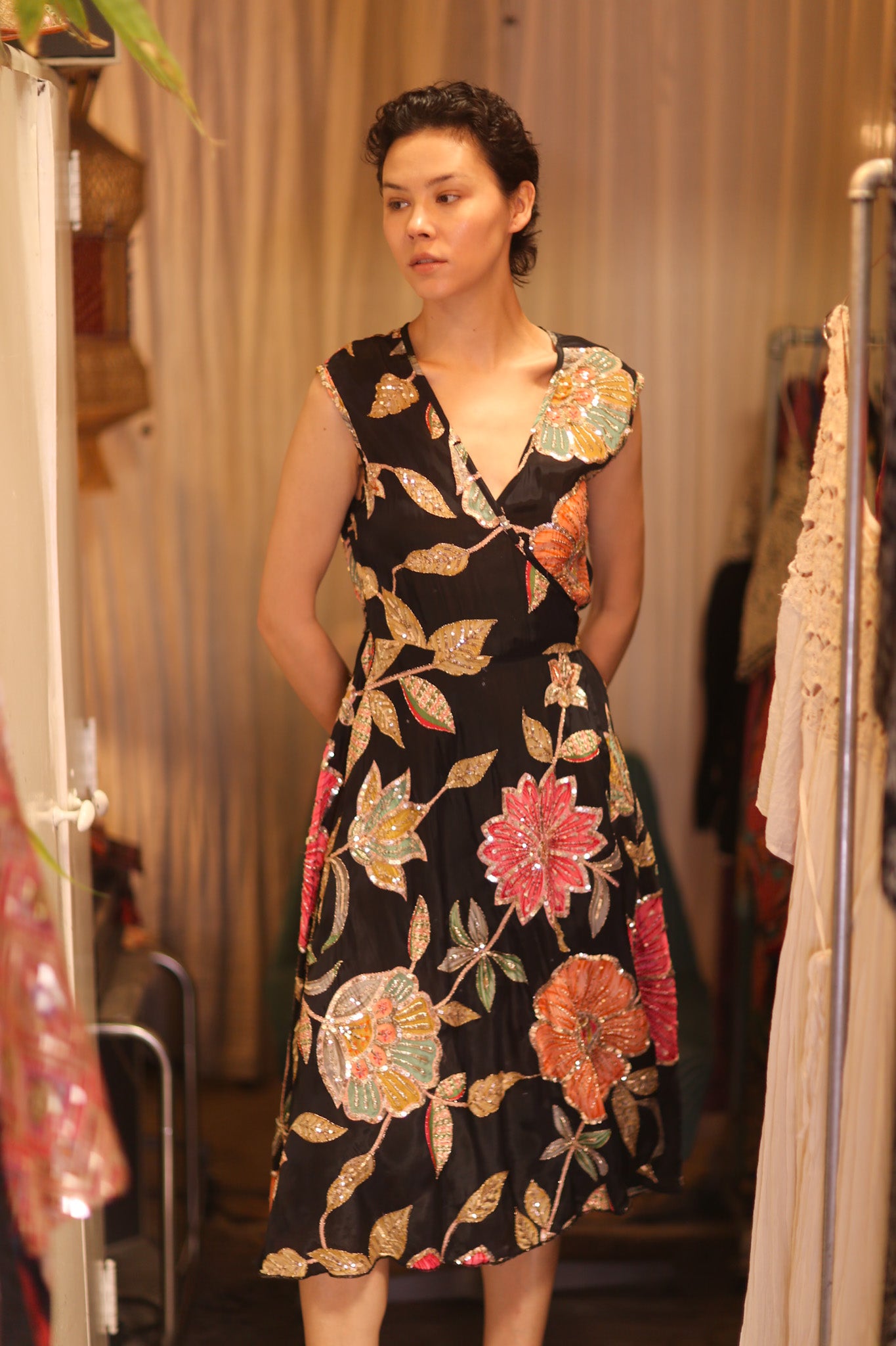 EMBROIDERED WARP SILK DRESS SHONE