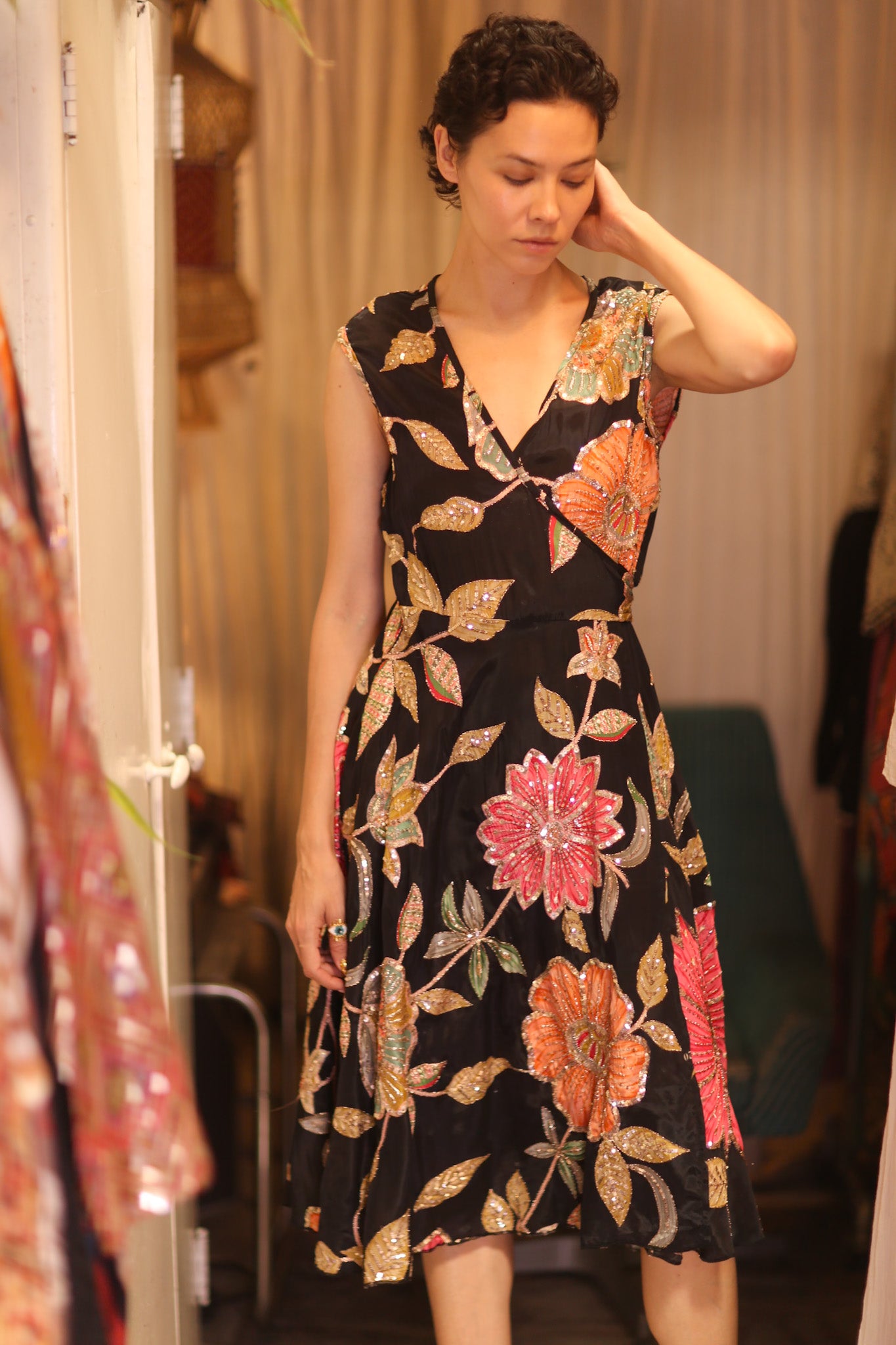 EMBROIDERED WARP SILK DRESS SHONE