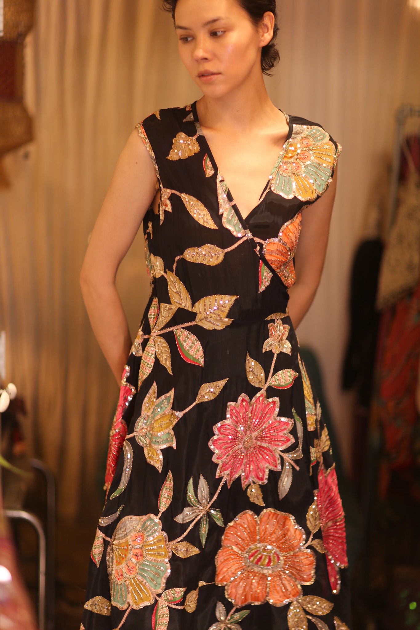 EMBROIDERED WARP SILK DRESS SHONE