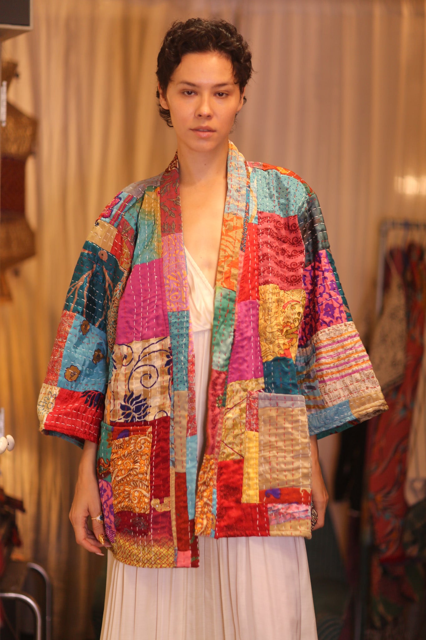 PATCHWORK PATTERN KANTHA SHORT KIMONO SHTTIT