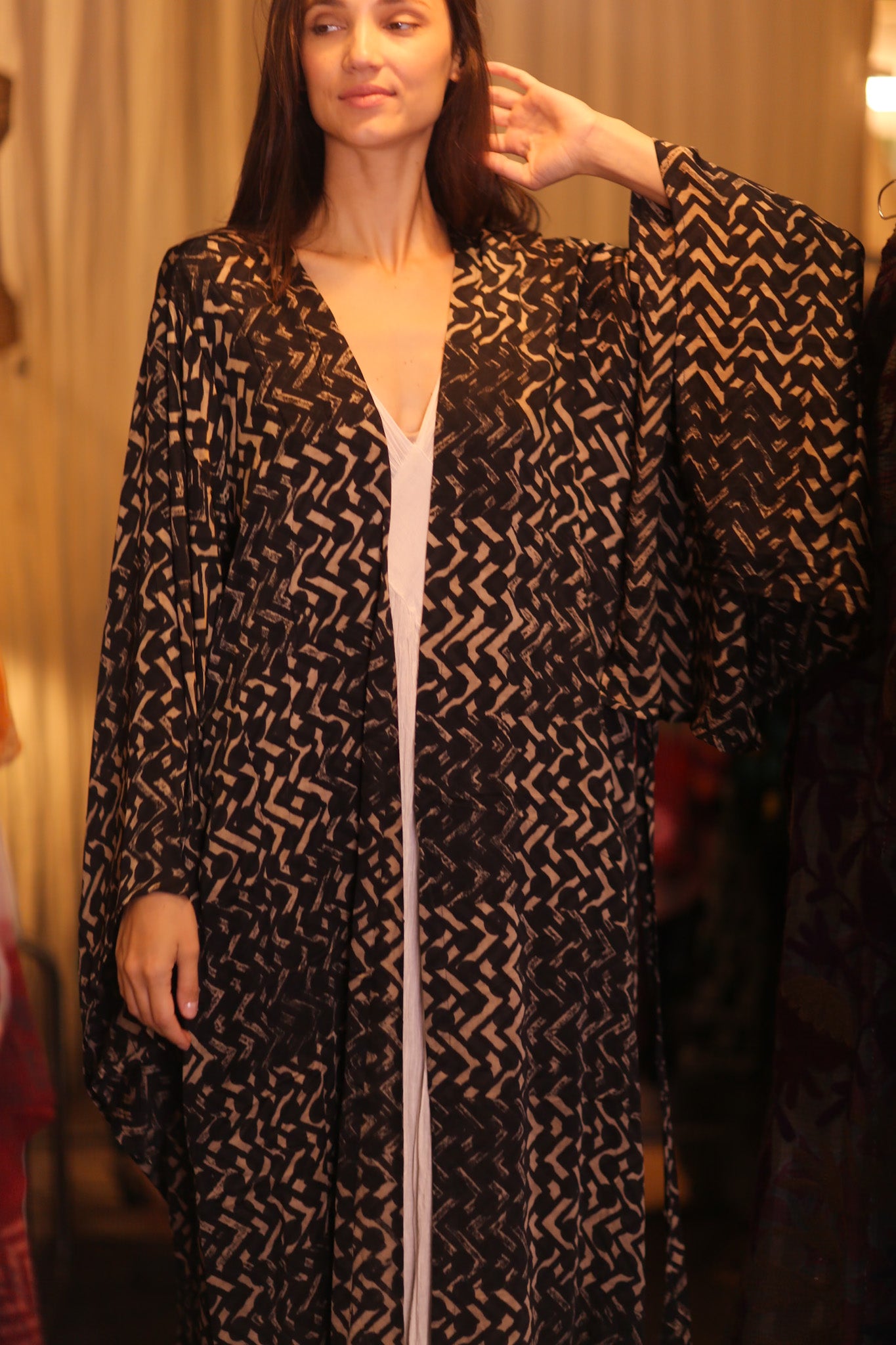 SILK WING KIMONO  PINA SILK BROWN GRID