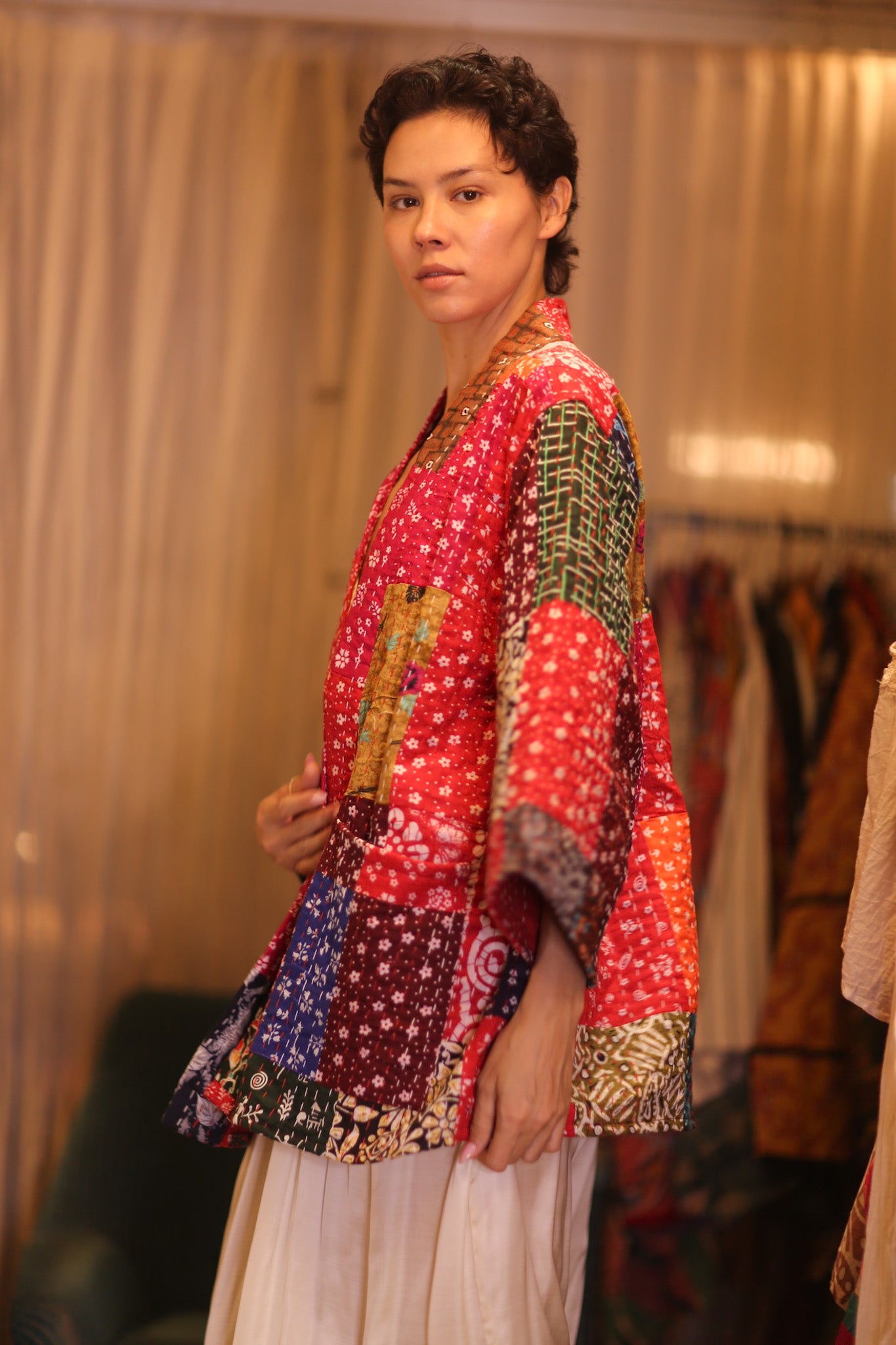 PATCHWORK PATTERN KANTHA SHORT KIMONO DARHAN