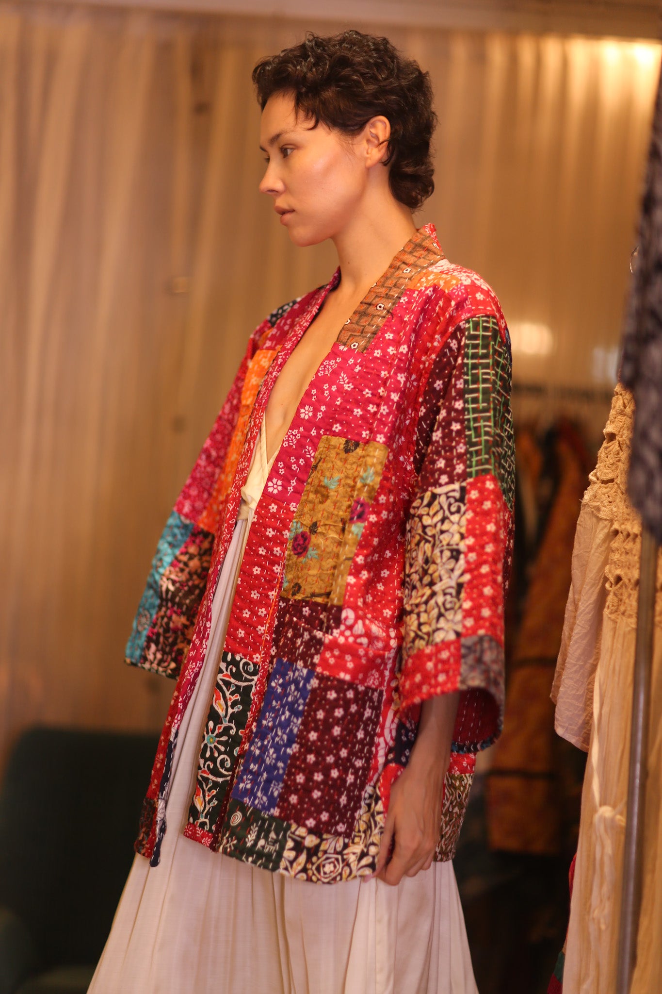 PATCHWORK PATTERN KANTHA SHORT KIMONO DARHAN