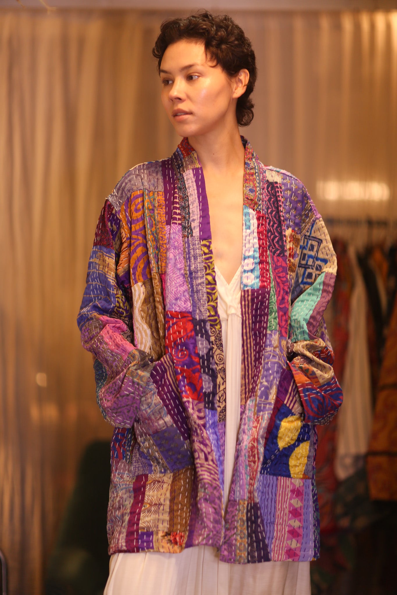 PATCHWORK PATTERN KANTHA SHORT KIMONO SUA