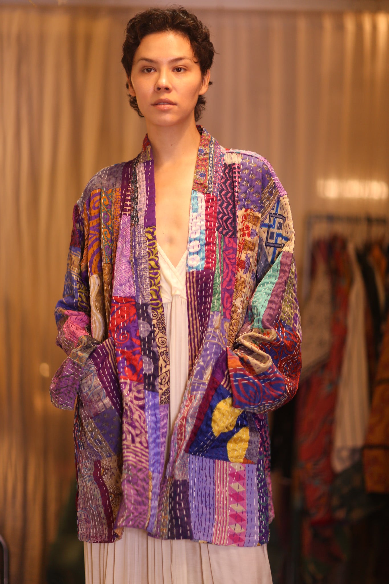 PATCHWORK PATTERN KANTHA SHORT KIMONO SUA