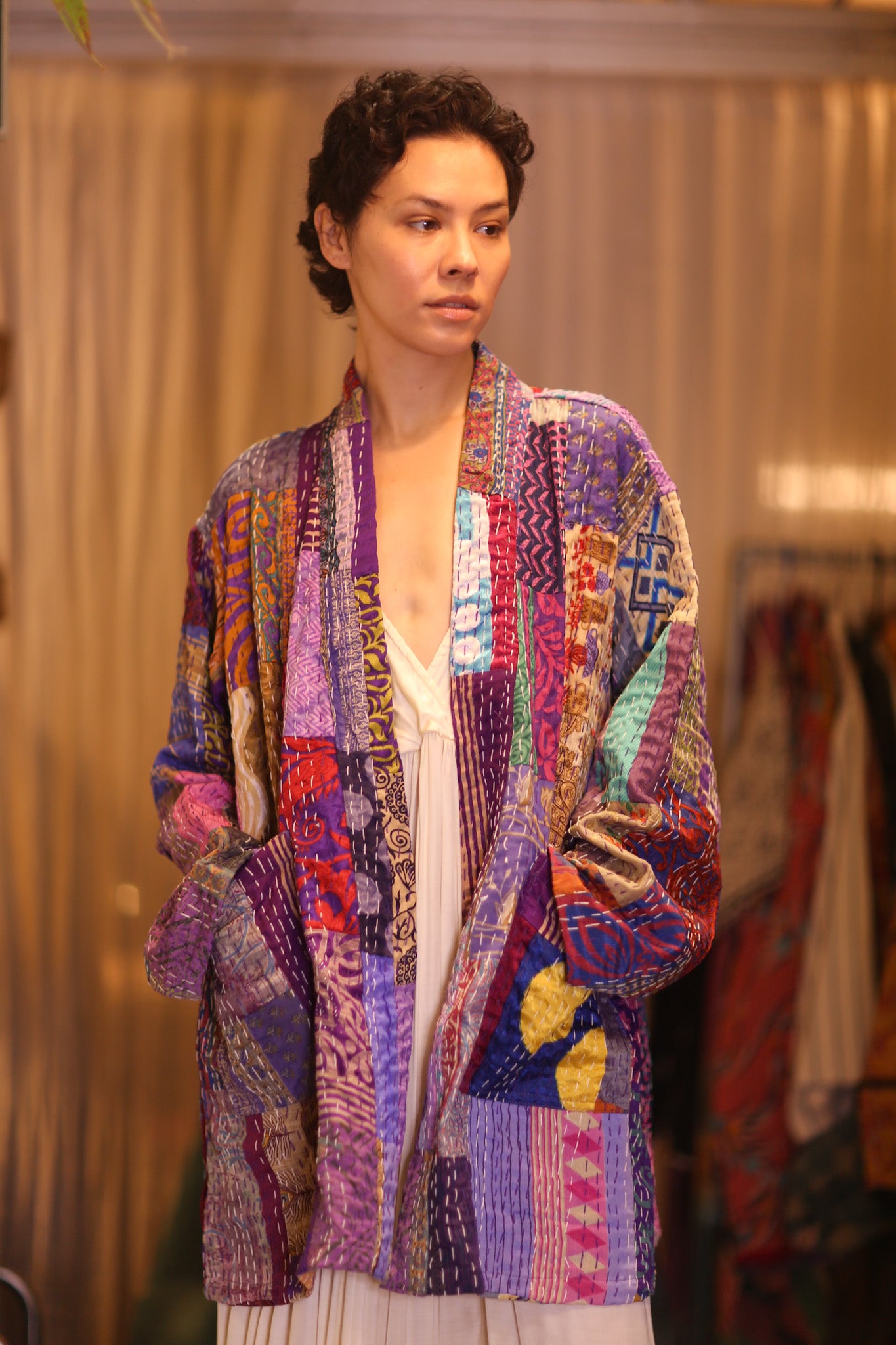 PATCHWORK PATTERN KANTHA SHORT KIMONO SUA