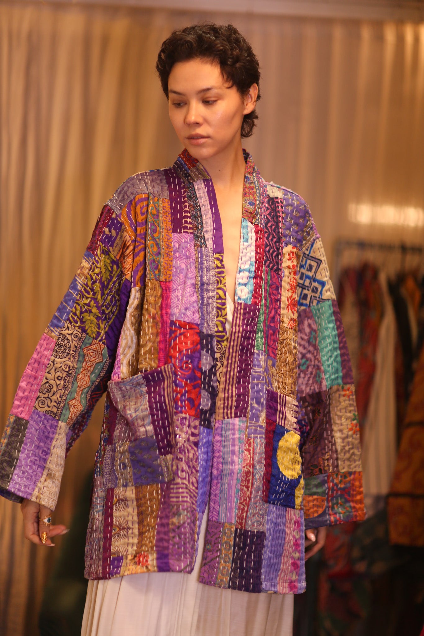 PATCHWORK PATTERN KANTHA SHORT KIMONO SUA