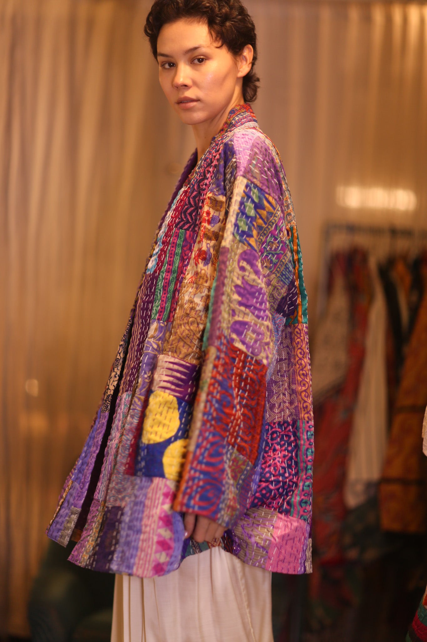 PATCHWORK PATTERN KANTHA SHORT KIMONO SUA
