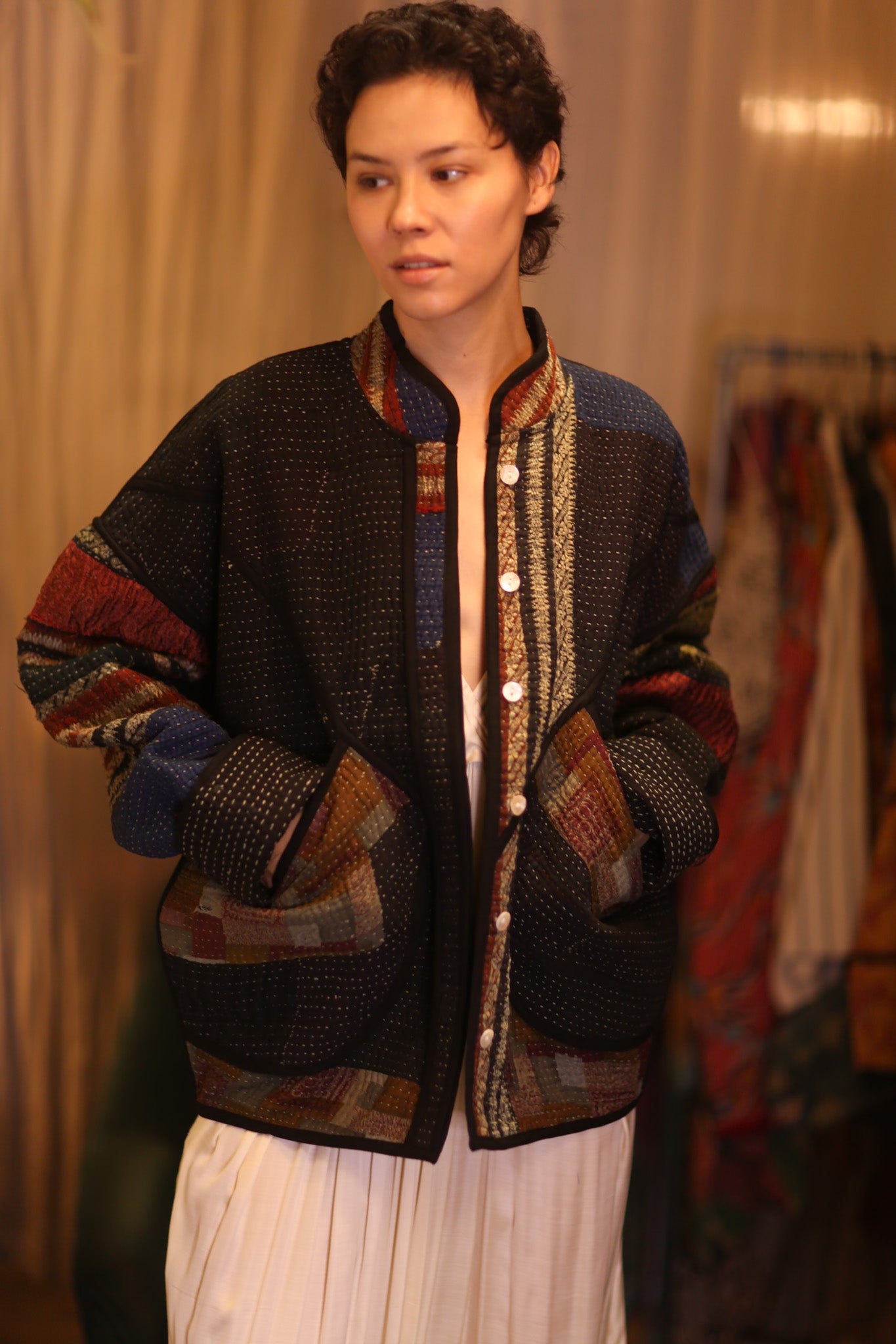PATCHWORK PATTERN KANTHA JACKET CHIN