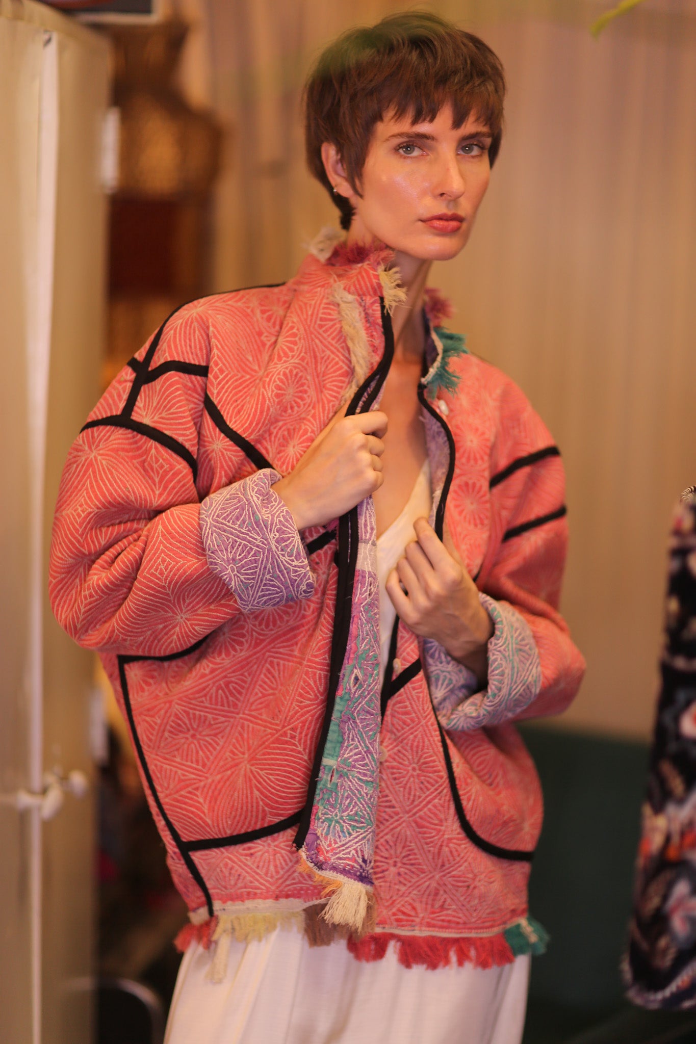 LIGHT RED KANTHA BOMBER JACKET DIRUN