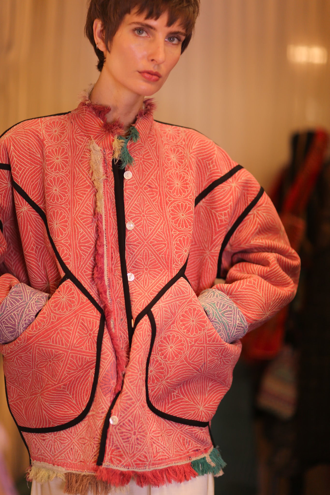 LIGHT RED KANTHA BOMBER JACKET DIRUN