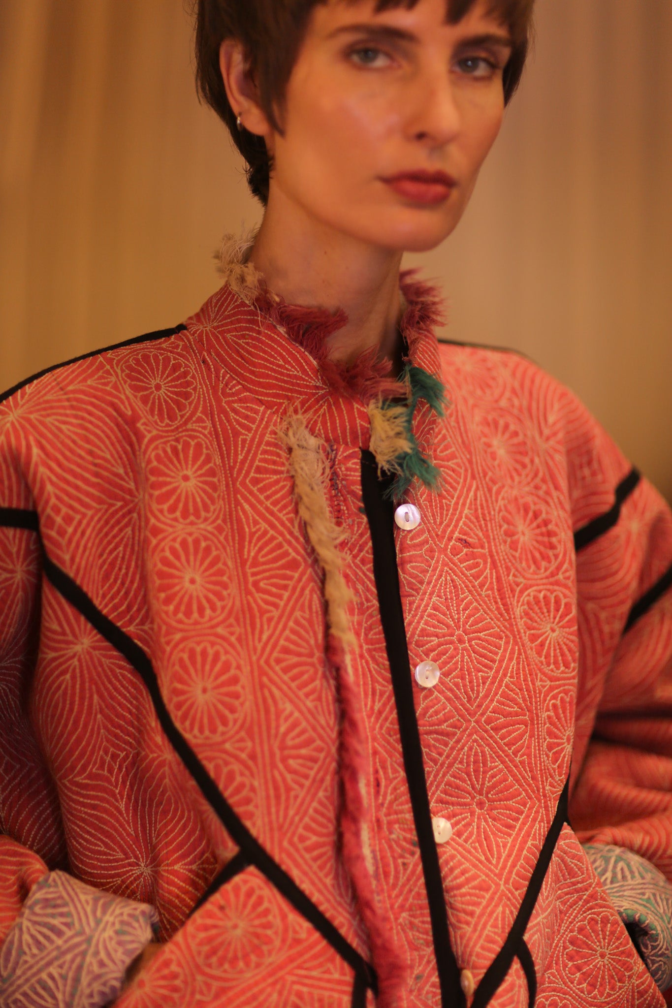 LIGHT RED KANTHA BOMBER JACKET DIRUN