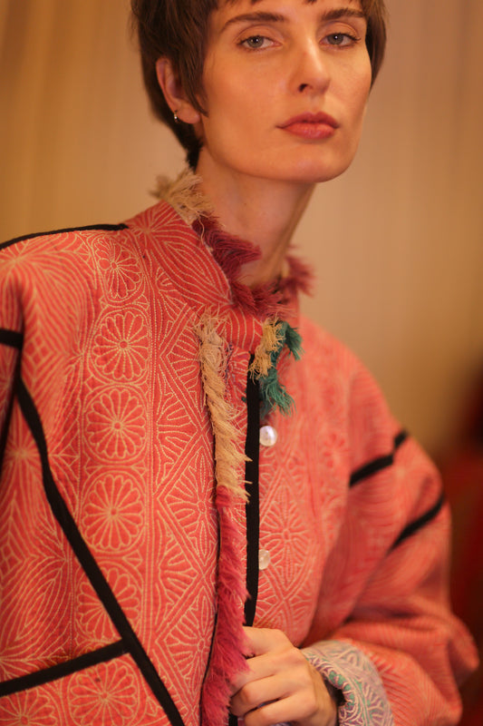 LIGHT RED KANTHA BOMBER JACKET DIRUN