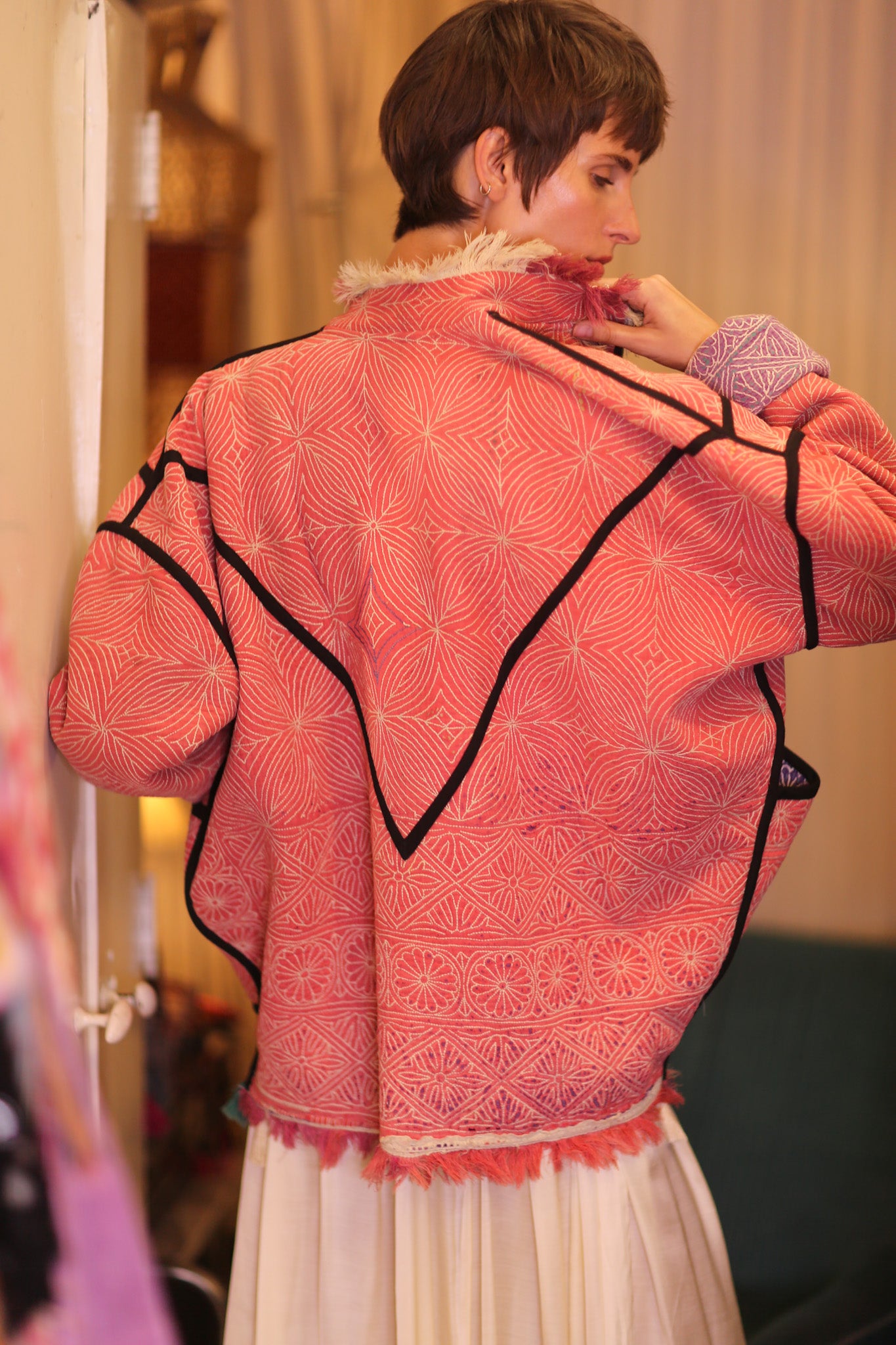 LIGHT RED KANTHA BOMBER JACKET DIRUN