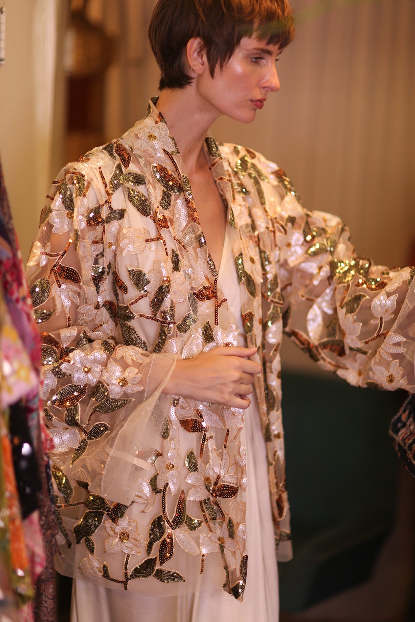 SILK SHORT KIMONO AMBER