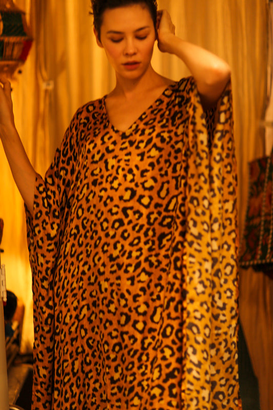 YAYA SILK KAFTAN LEOPARD YELLOW