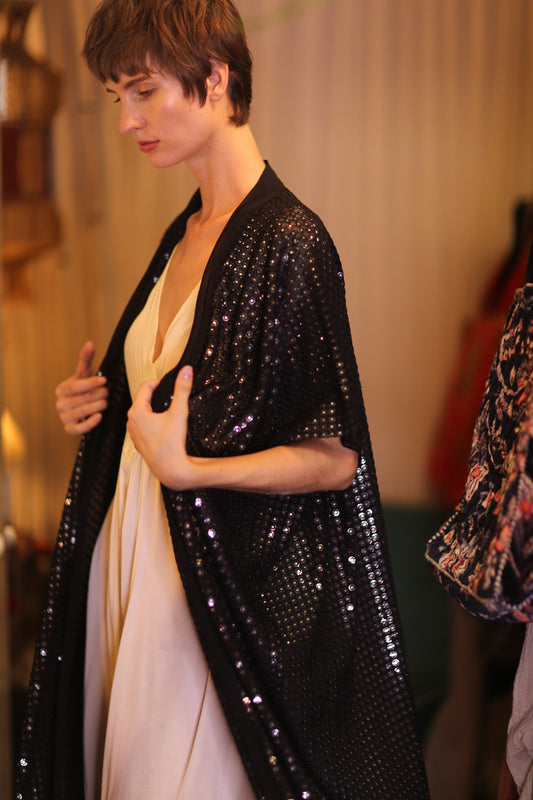 BlLACK GLASS SEQUIN LONG KIMONO